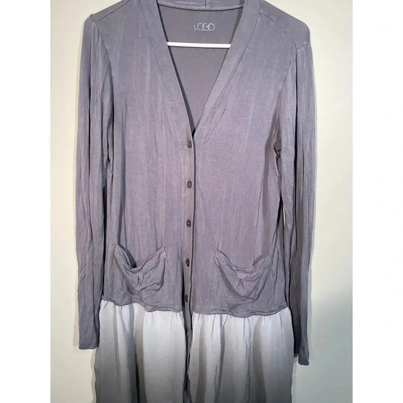 Logo by Lori Goldstein Gray Longline Cardigan with Gradient Chiffon Layer - Picture 2 of 12